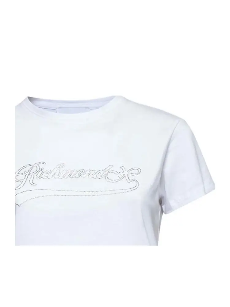 tshirt bianca donna in cotone logo con mini strass sul davanti miniatura 2