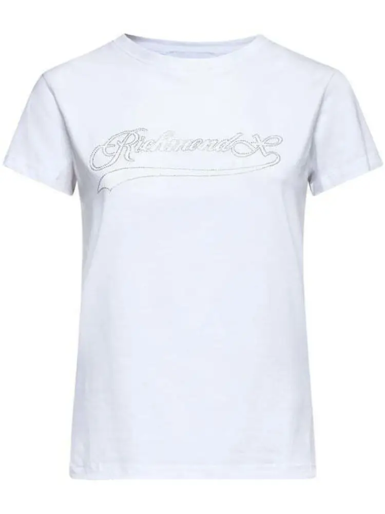 tshirt bianca donna in cotone logo con mini strass sul davanti