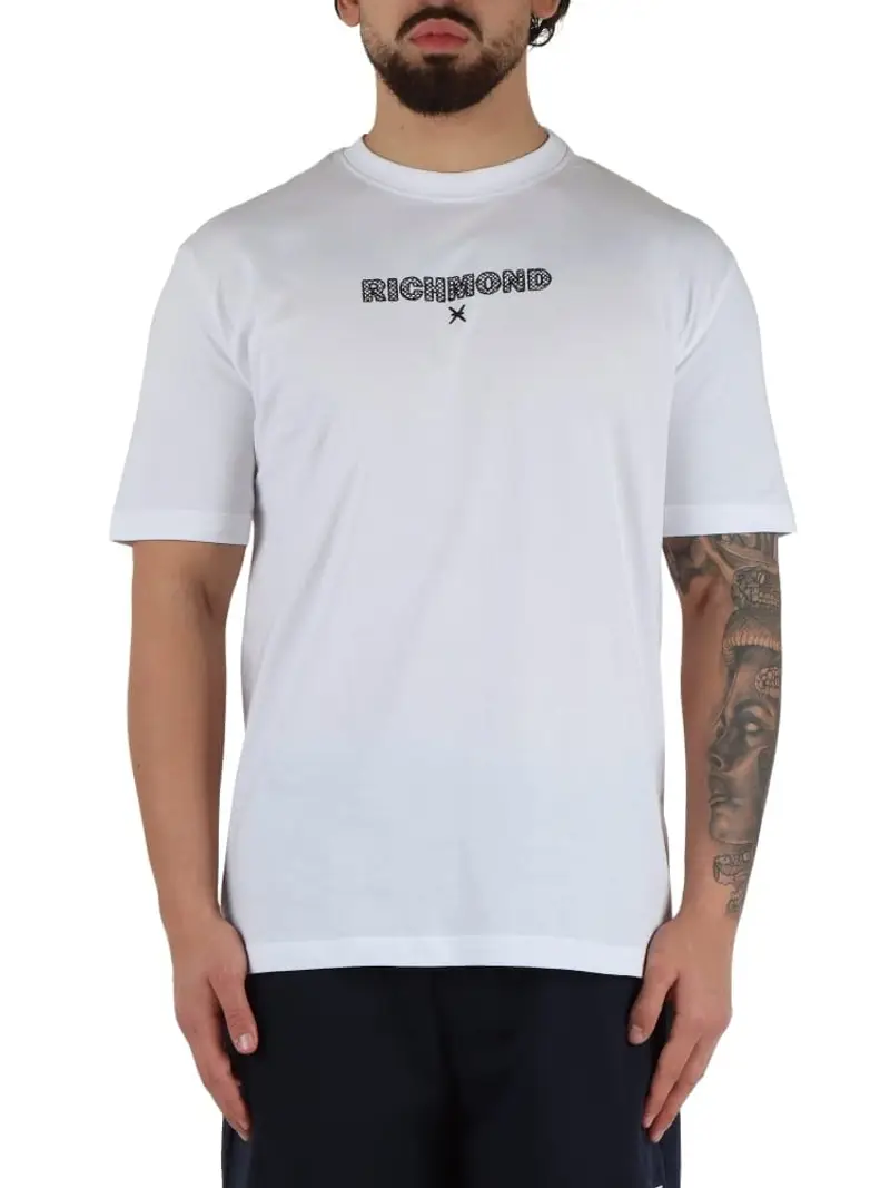 Richmond tshirt bianca uomo in cotone logo ricamato sul petto a contrasto