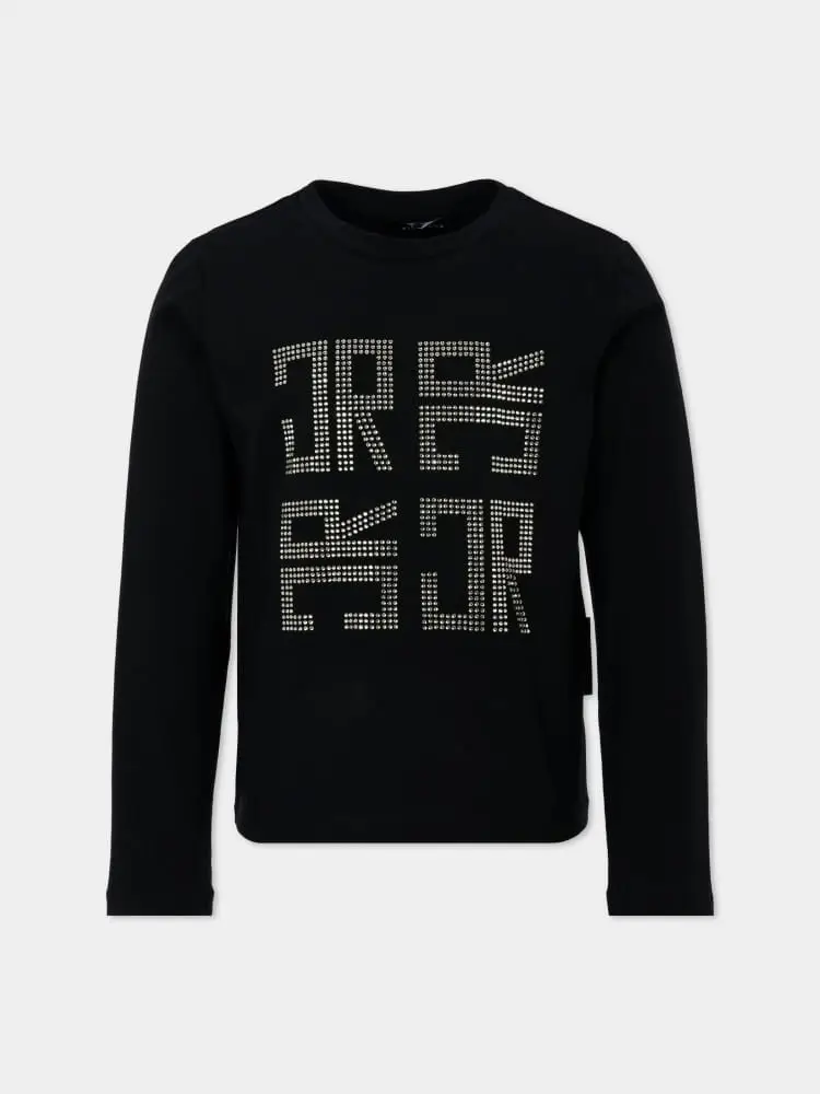 tshirt nera bambina in cotone manica lunga logo con strass sul davanti