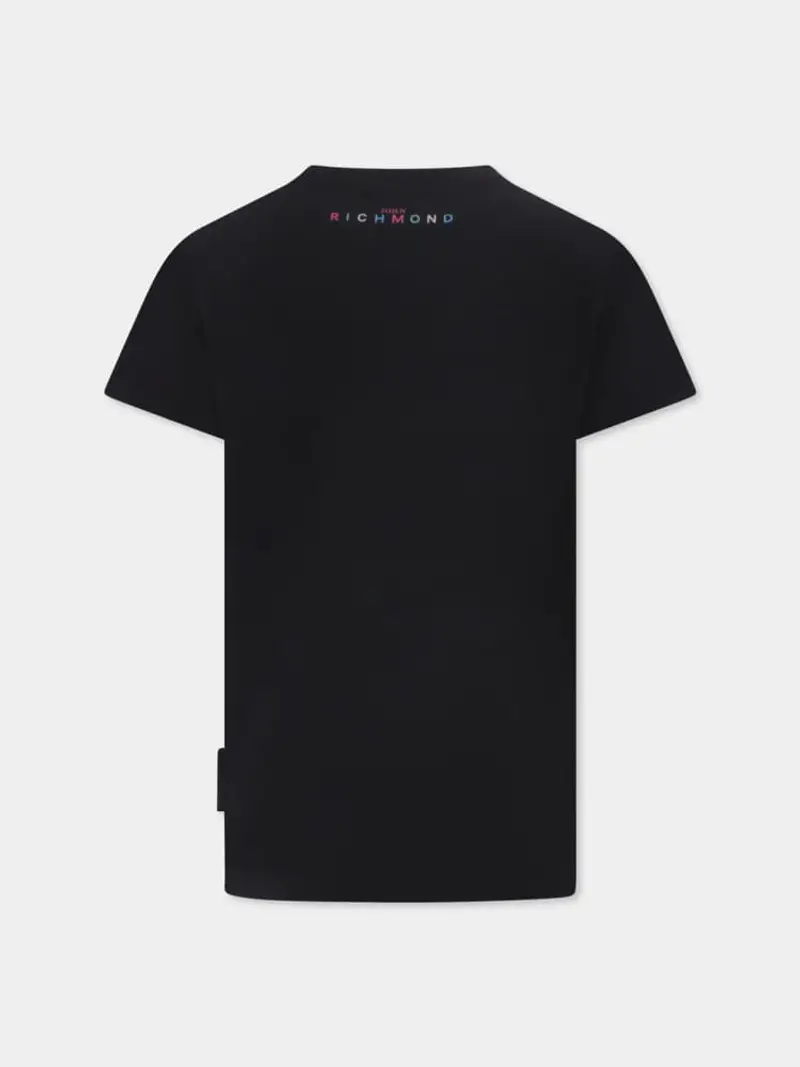 Richmond tshirt nera bambina in cotone maxi logo sul davanti con strass multicolor miniatura 2