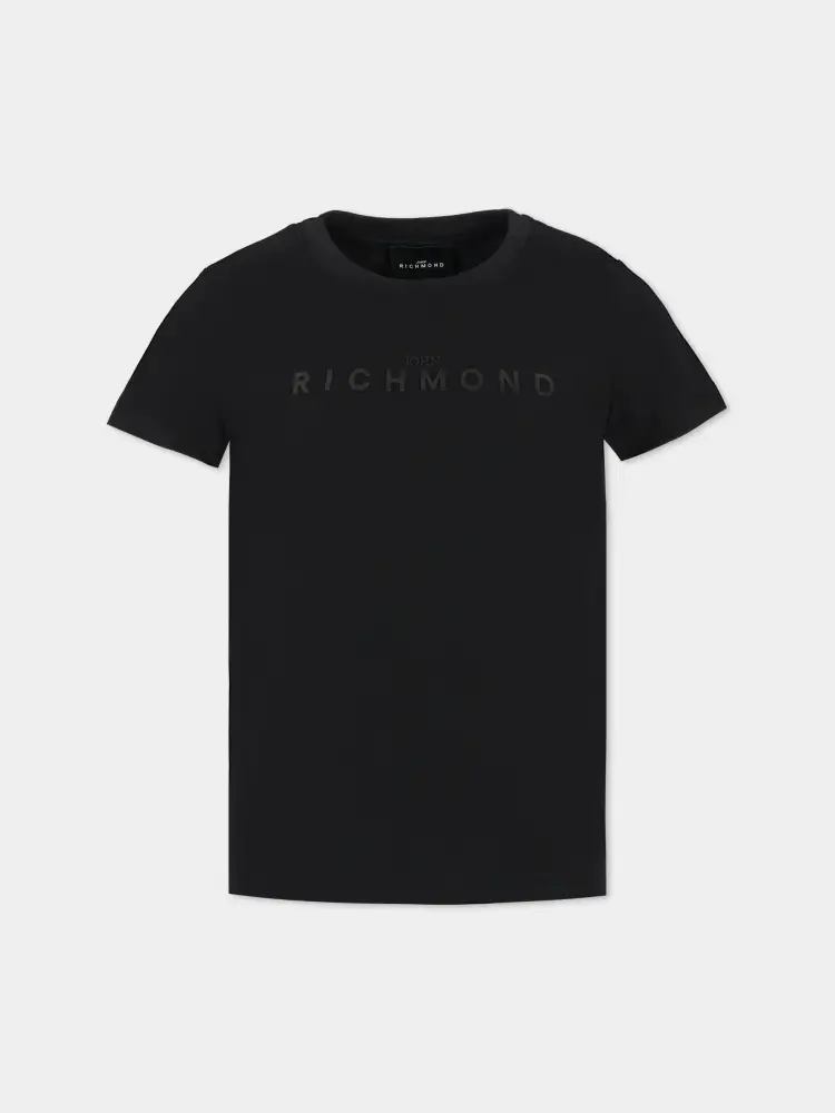 tshirt nera bambino in cotone logo tono su tono