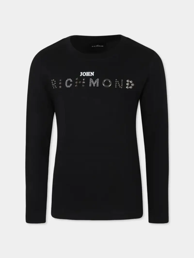 Richmond tshirt nera bambino in cotone manica lunga logo con borchie