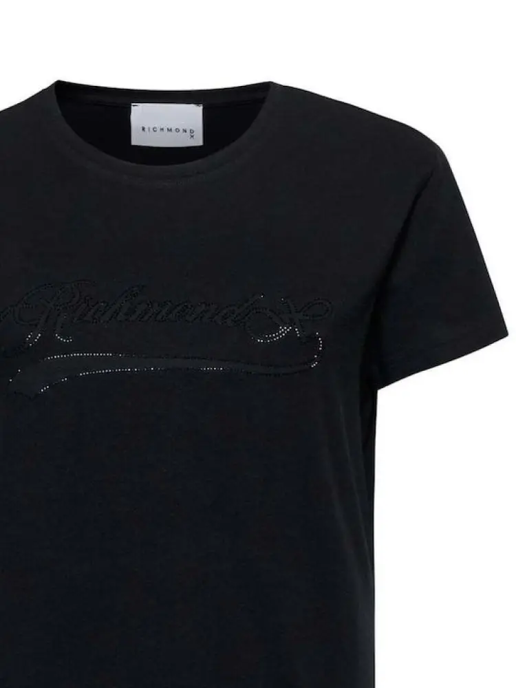 tshirt nera donna in cotone logo con mini strass miniatura 2