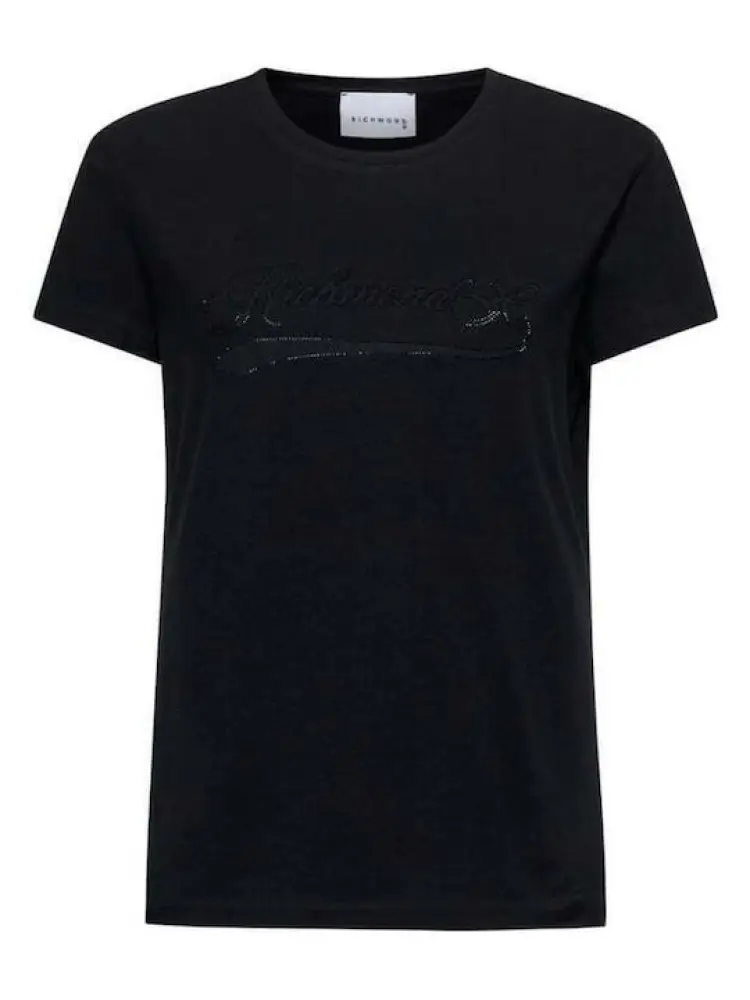 tshirt nera donna in cotone logo con mini strass