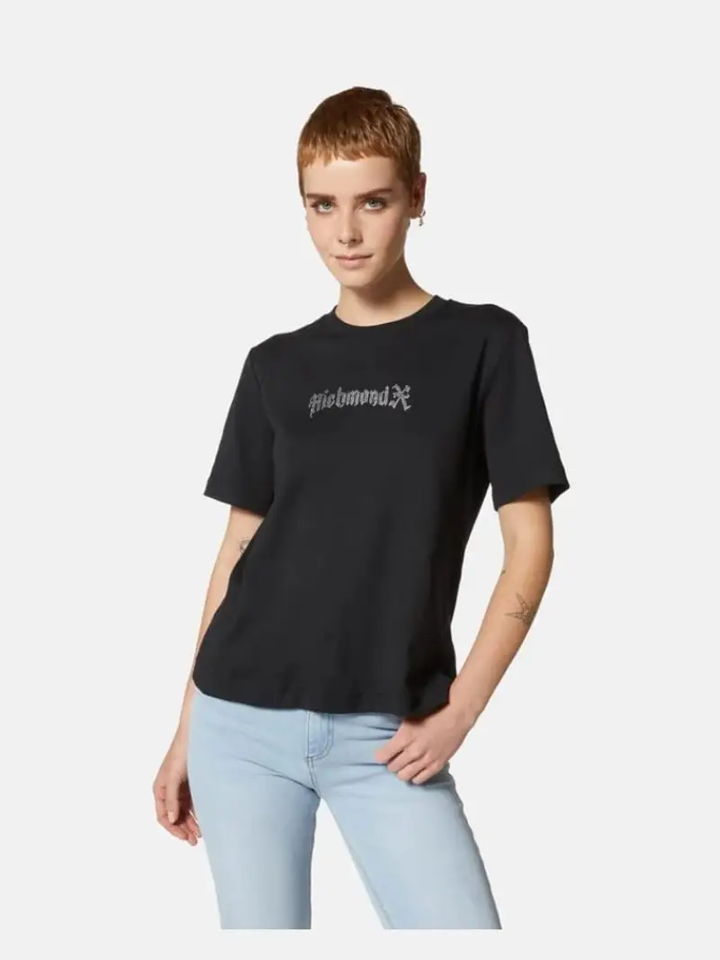 Richmond tshirt nera donna in cotone logo con strass sul davanti