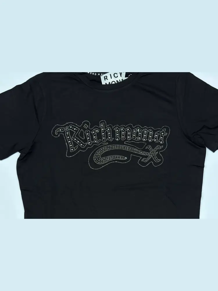 tshirt nera donna in cotone maxi logo con strass miniatura 2