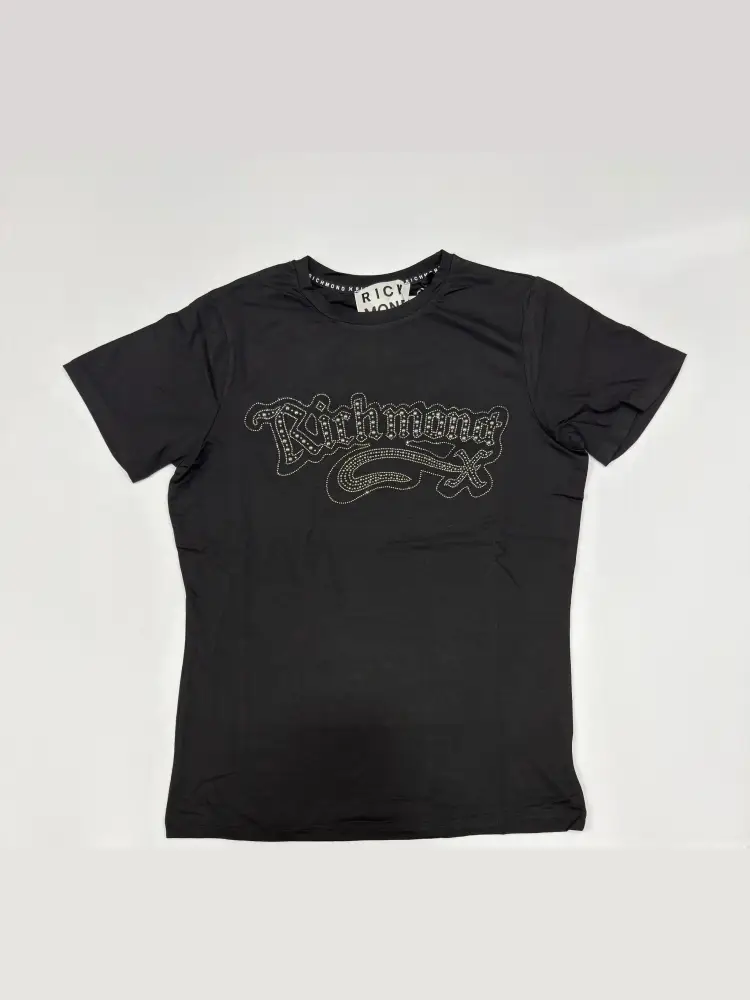 tshirt nera donna in cotone maxi logo con strass