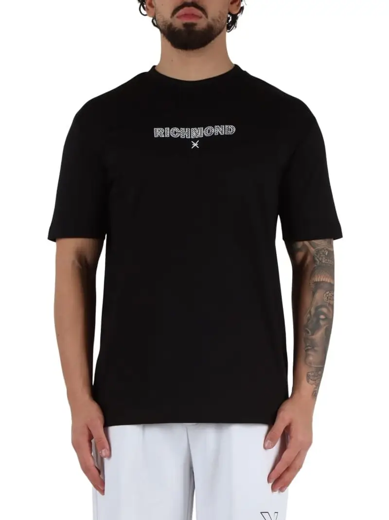 Richmond tshirt nera uomo in cotone logo ricamato sul petto a contrasto