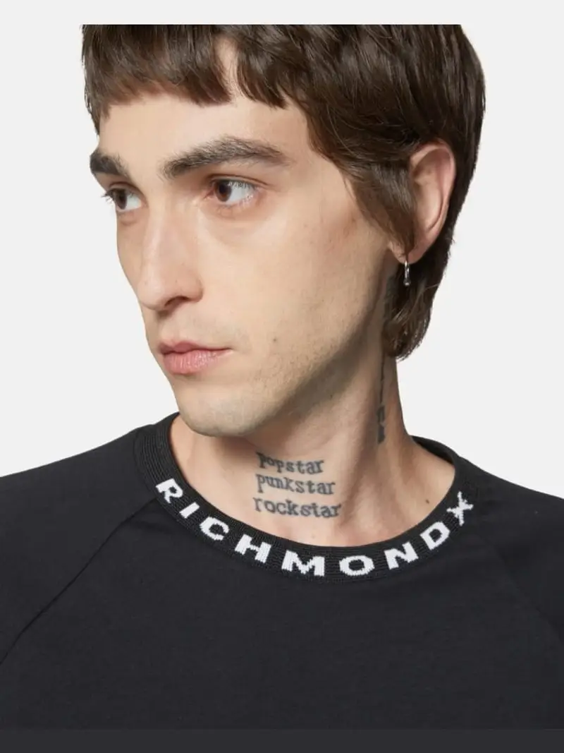 Richmond tshirt nera uomo in cotone logo sul collo a contrasto miniatura 3