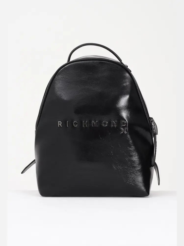 zaino nero donna in ecopelle lucido logo sul davanti