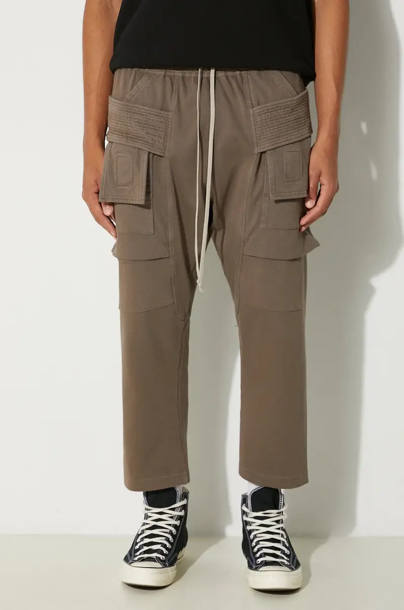 Rick Owens pantaloni della tuta di cotone Creatch Cargo Cropped Drawstring colore grigio DU02D2371.RIG