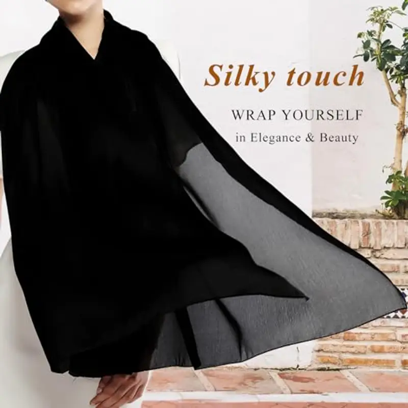 RIIQIICHY Foulard Nero Sciarpa Seta Donna Pashmina Leggera Stola Scialle Cerimonia Abito da Sera Elegante Sposa miniatura 2