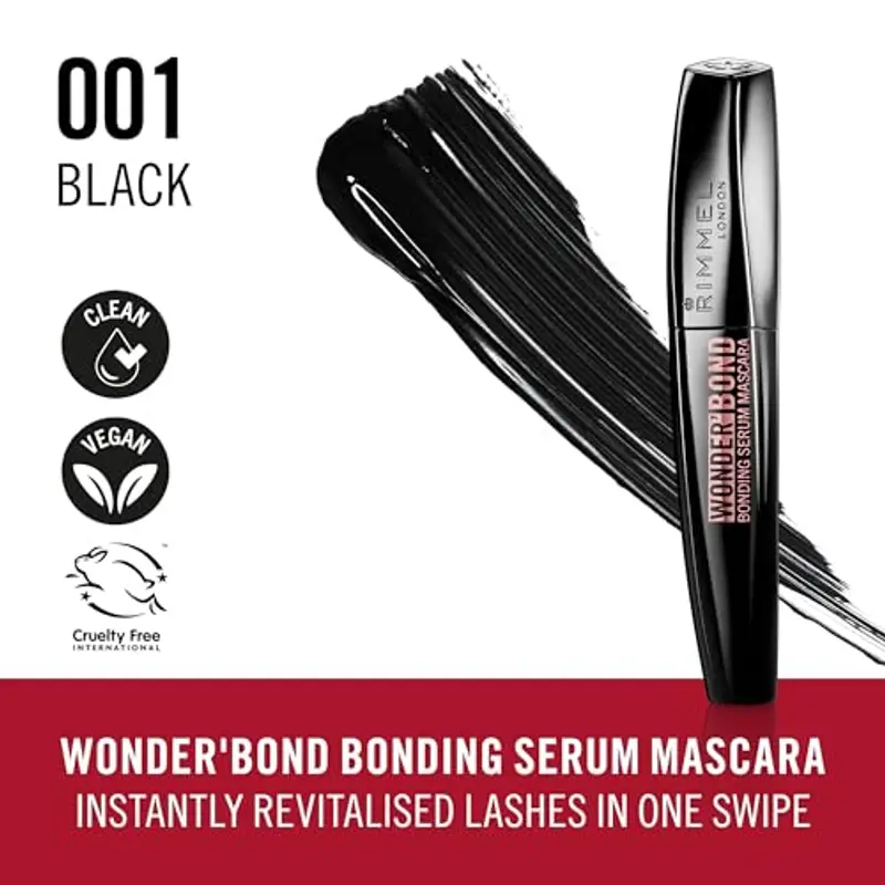 Rimmel London, Wonder Bond, 001 Black, Mascara, Mascara allungante, Mascara Siero riparatore, Zero sbavature, Zero grumi, Rinforza la struttura delle ciglia, 11 ml miniatura 3