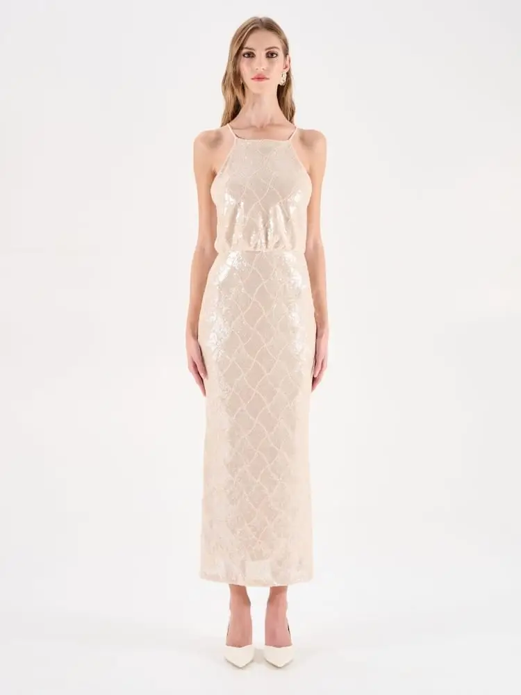 abito lungo donna beige chiaro con paillettes