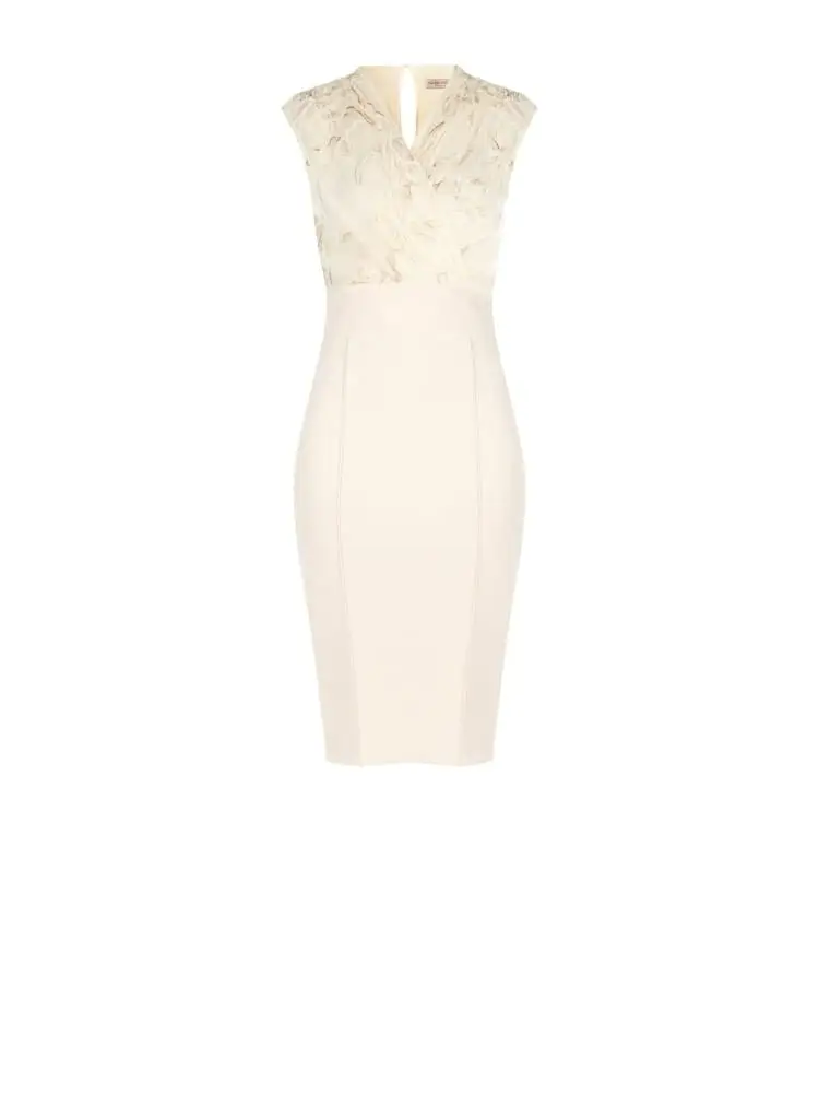 tubino donna beige chiaro con scollo a v e ricami