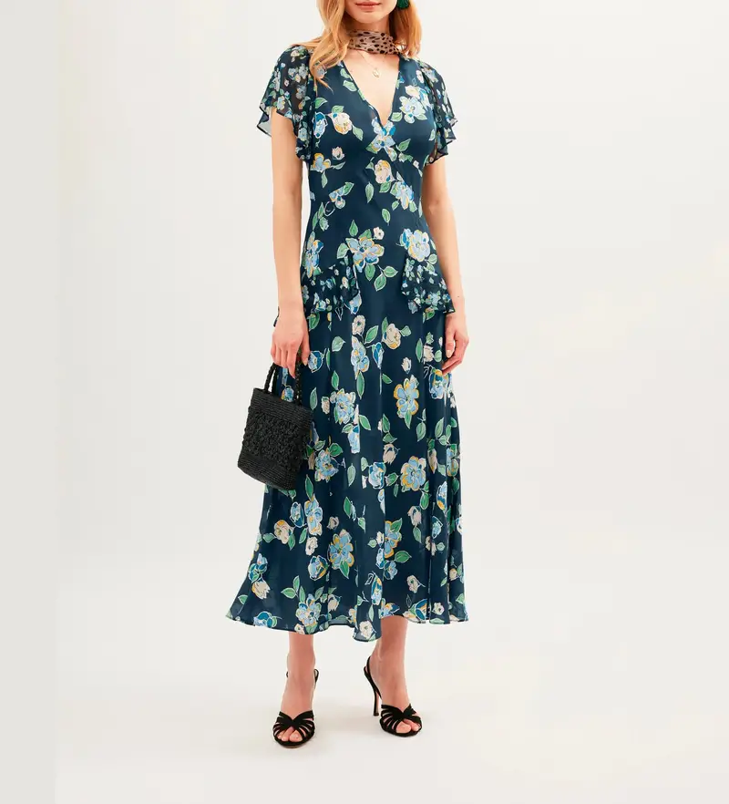 per donna 010 00009 126 07388 Abito Evie blu navy (XS), Casual, Da sera, Seta, Manica corta