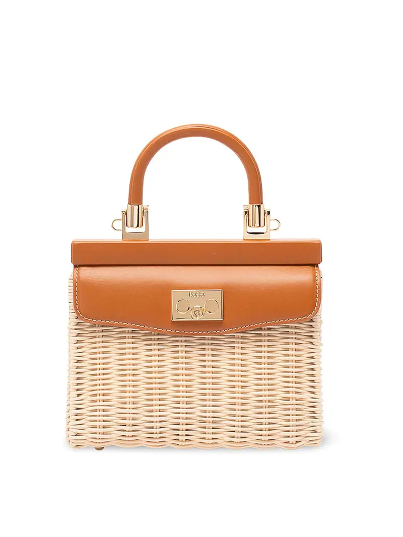 Borsa a mano piccola in vimini e pelle Marrone