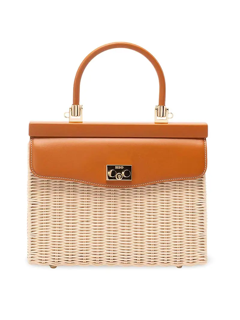 Borsa media in vimini e pelle Marrone