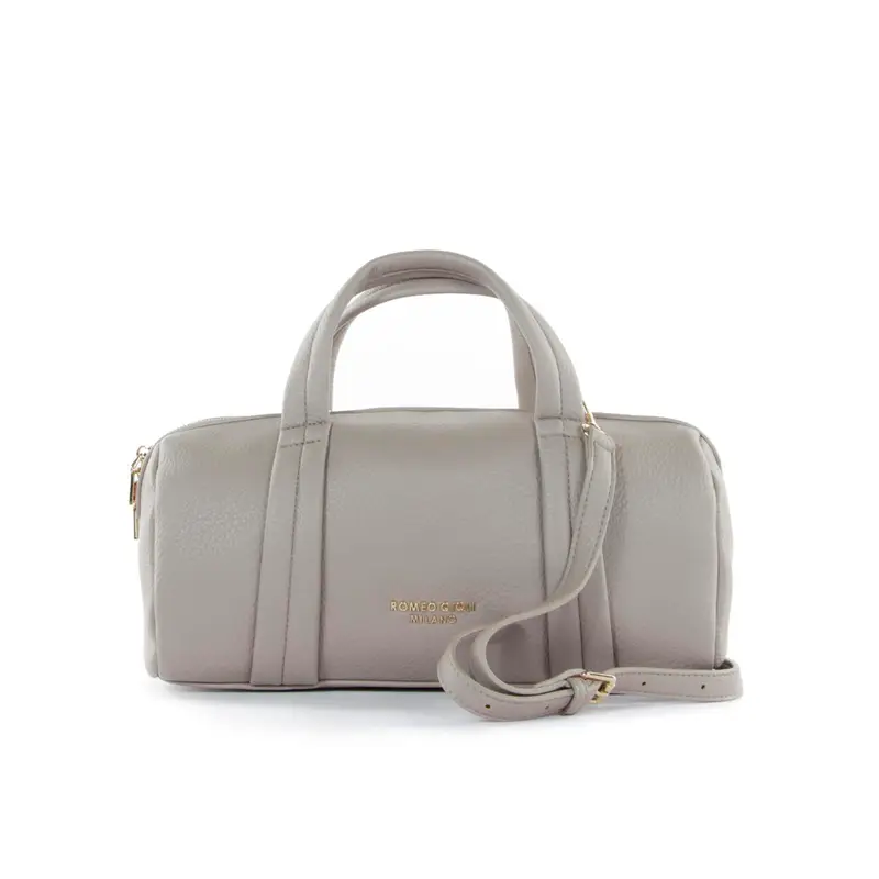 Bauletto cilindrico beige con tracolla removibile e logo