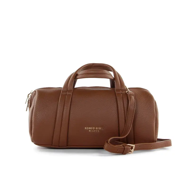 Bauletto cilindrico marrone con tracolla removibile e logo