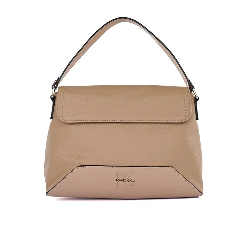 Borsa beige da donna con manico e patta frontale