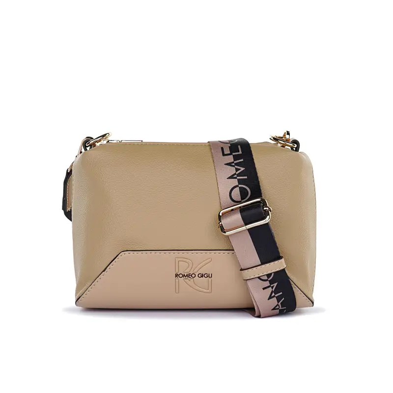 Borsa beige da donna con tracolla in tessuto con logo