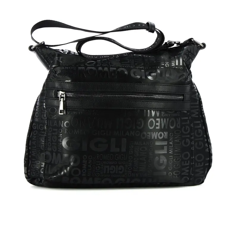 Borsa morbida nera con tracolla e stampa con scritte