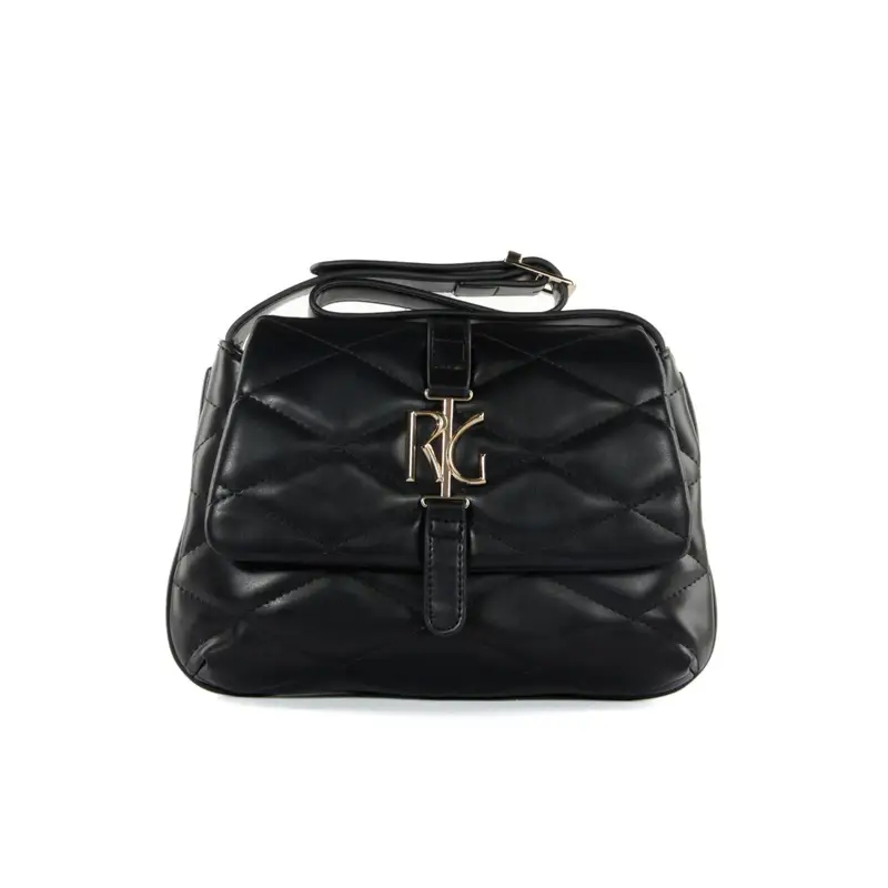 Borsa nera a spalla effetto trapuntato con maxi logo