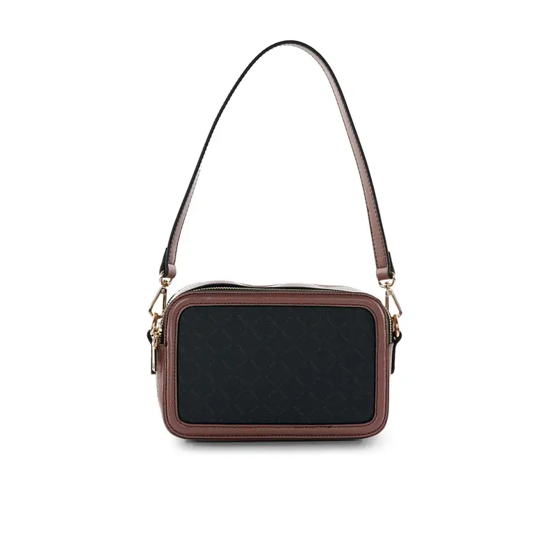 Borsa nera e marrone da donna con tracolla e stampa multilogo