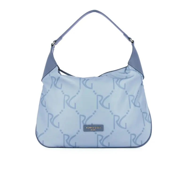 Hobo bag azzurra in tessuto con stampa maxi loghi