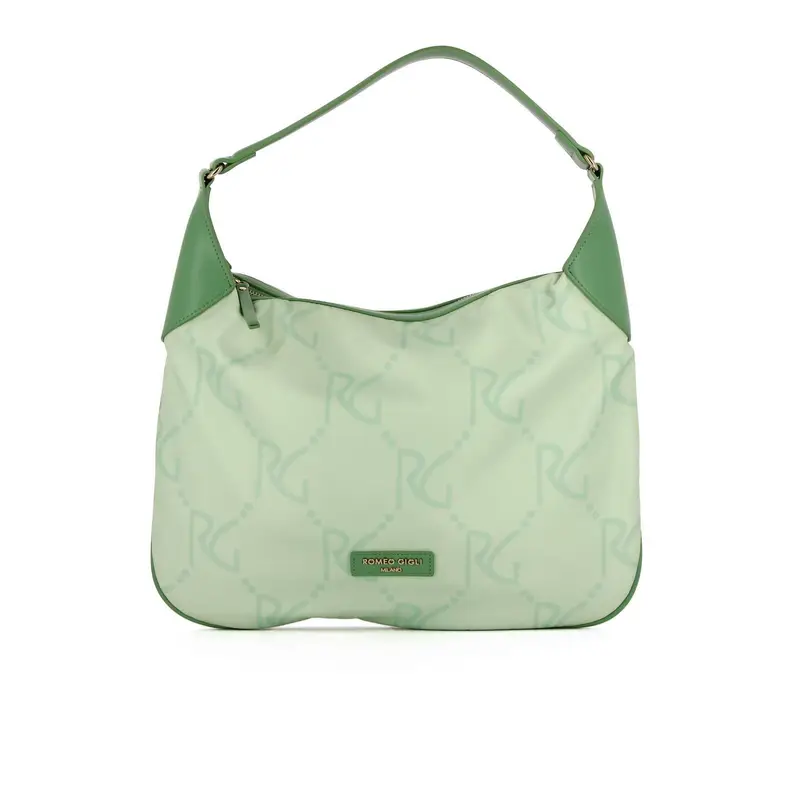 Hobo bag verde in tessuto con stampa maxi loghi