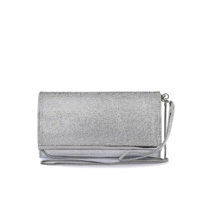 Pochette argento da donna con strass e tracolla removibile
