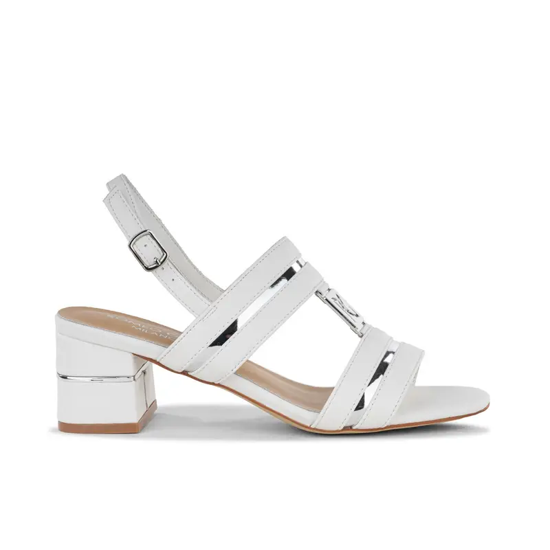 Sandali bianchi in pelle da donna con tacco medio largo e dettagli laminati