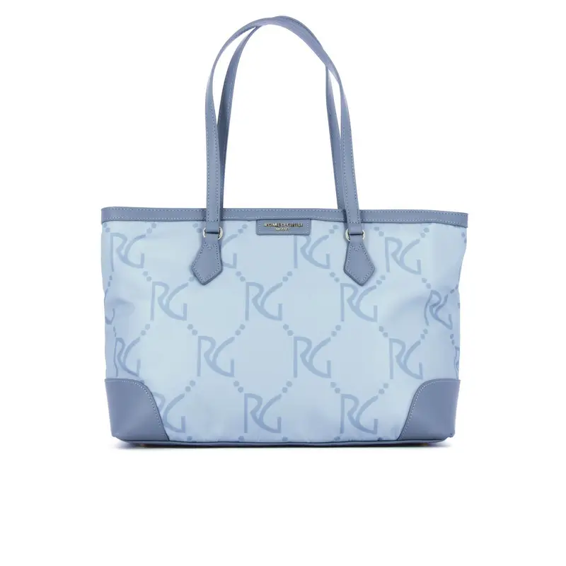 Shopper azzurra in tessuto con maxi loghi