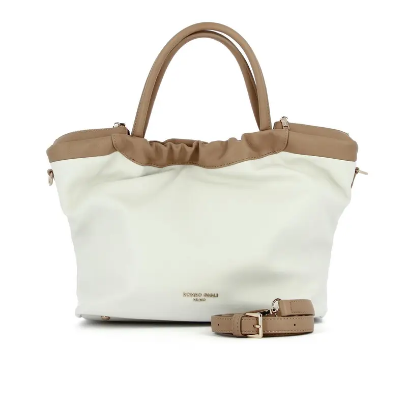 Shopper bianca con tracolla removibile e dettagli a contrasto