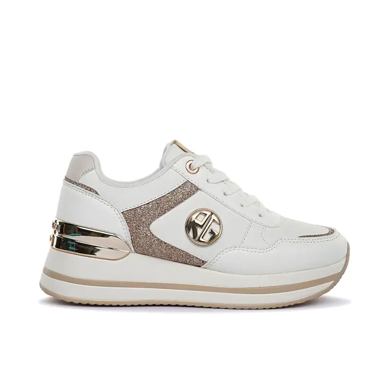 Sneakers bianche da donna con logo laterale e zeppa