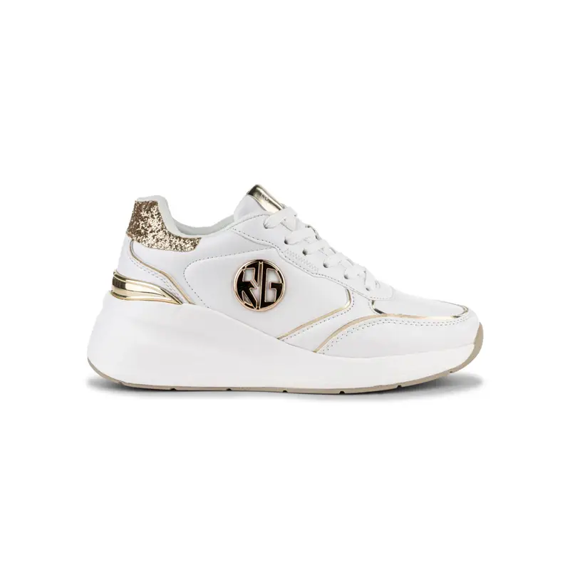 Sneakers bianche da donna con suola zeppa e logo laterale