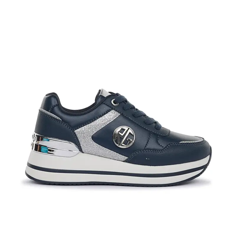 Sneakers blu da donna con logo laterale e zeppa
