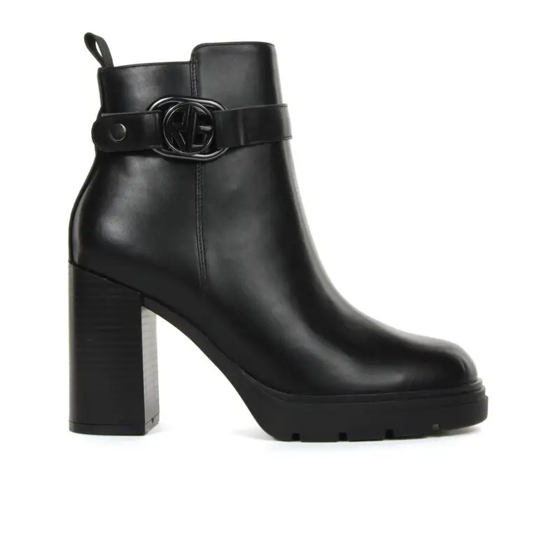 Stivaletti neri con tacco alto, plateau e fibbia con logo