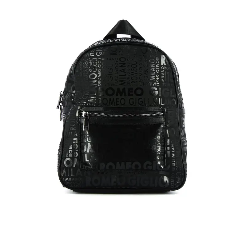Zaino nero con tasca esterna e stampa con scritte