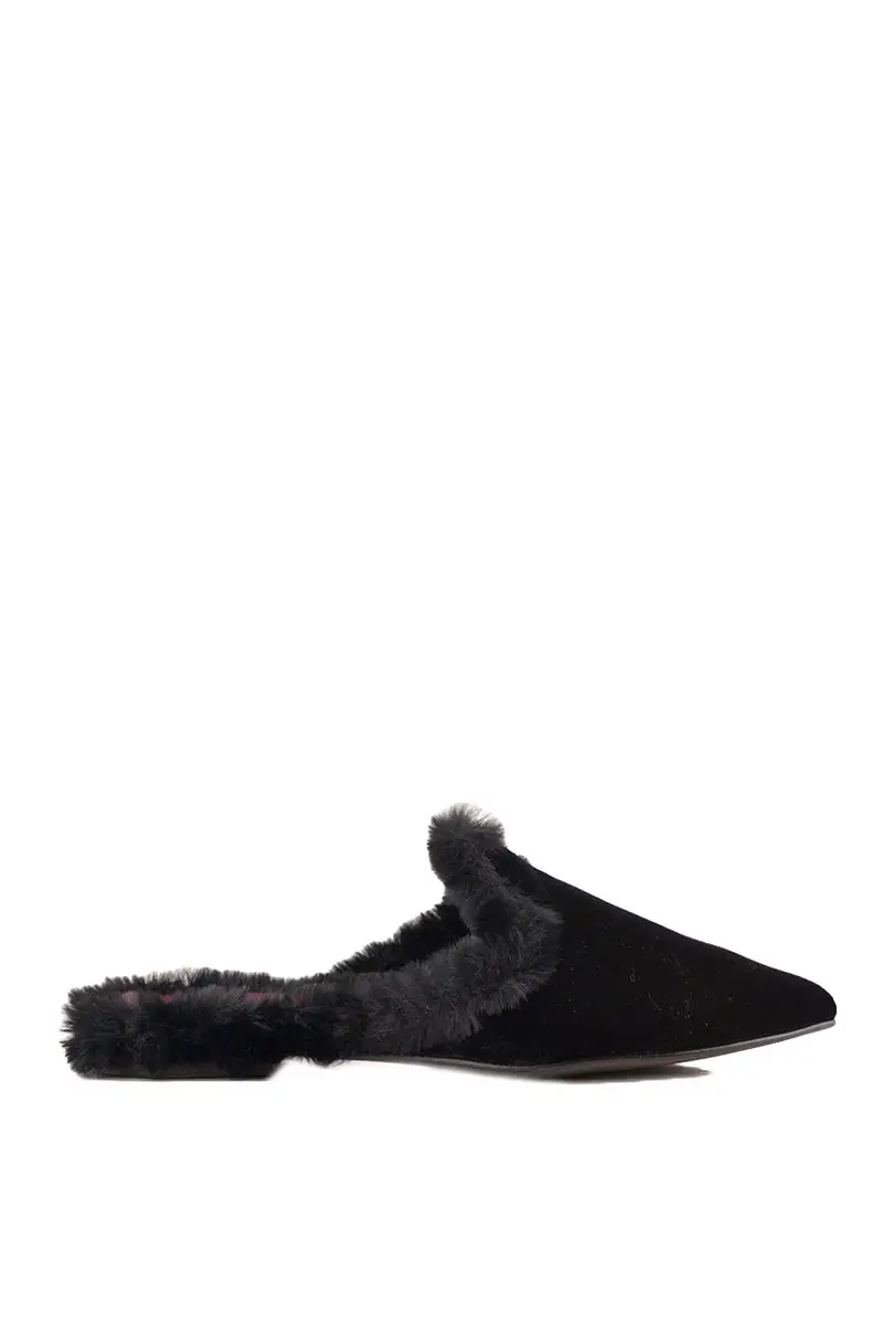 Ciabattina donna in velluto con ecopelliccia nero miniatura 2