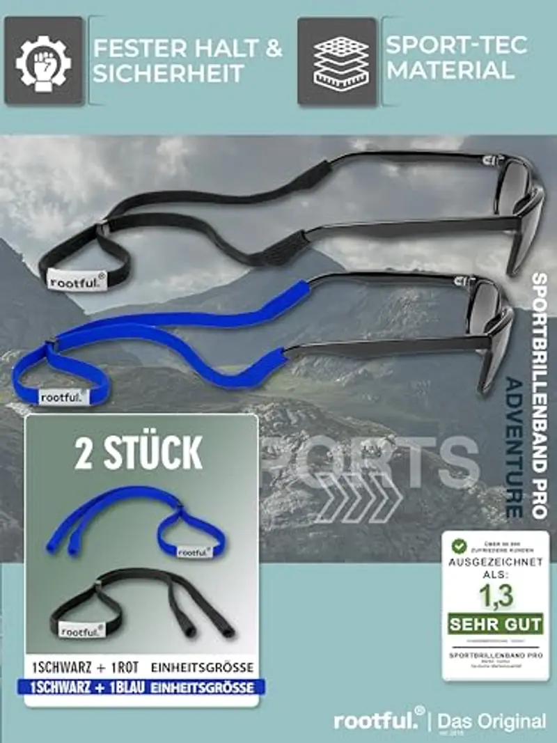 rootful.® Cinturino per occhiali sportivi | Cordino per occhiali ad alte prestazioni per occhiali sportivi e da sole | Massima protezione durante le attività | Panno per la pulizia incluso | 2 pezzi miniatura 2