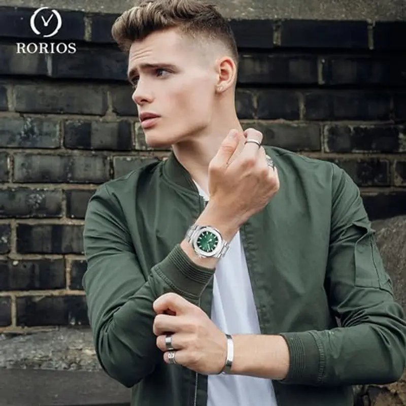 RORIOS Orologio Minimalista da Uomo Analogico Quarzo Elegante Acciaio Inossidabile Con Calendario Luminosi Verde miniatura 2