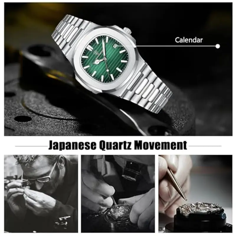 RORIOS Orologio Minimalista da Uomo Analogico Quarzo Elegante Acciaio Inossidabile Con Calendario Luminosi Verde miniatura 3