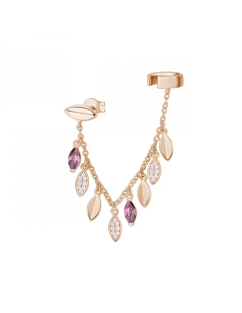 Orecchino con catena Ear Cuff ROSATO in argento 925 placcato oro rosa RZGA55 petali con cristalli bianchi e rodolite