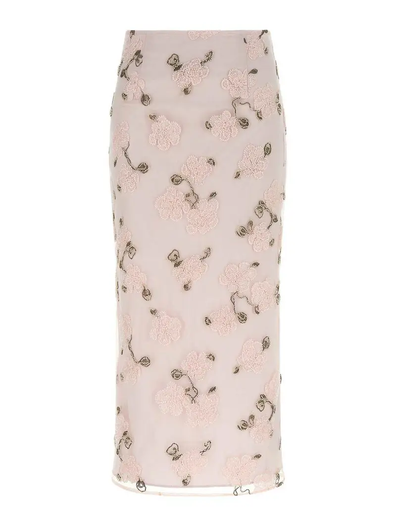 Gonna longuette rosa con ricami floreali Color Carne E Neutri