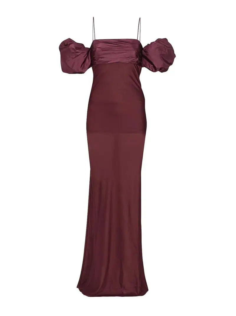 Vestito Lungo Bordeaux In Tessuto Chiffon Rosso Scuro