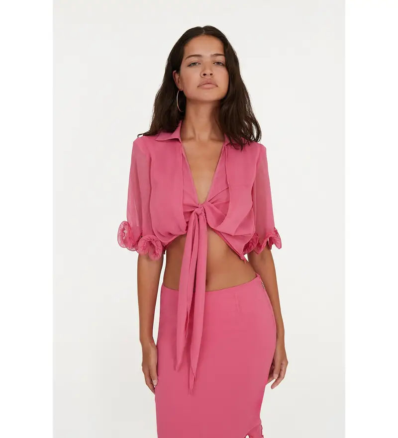 per donna. 113744504 Camicetta in chiffon con fiocco rosa (34), Casual, Da sera, Manica 3/4, Polister riciclato, Sostenibile