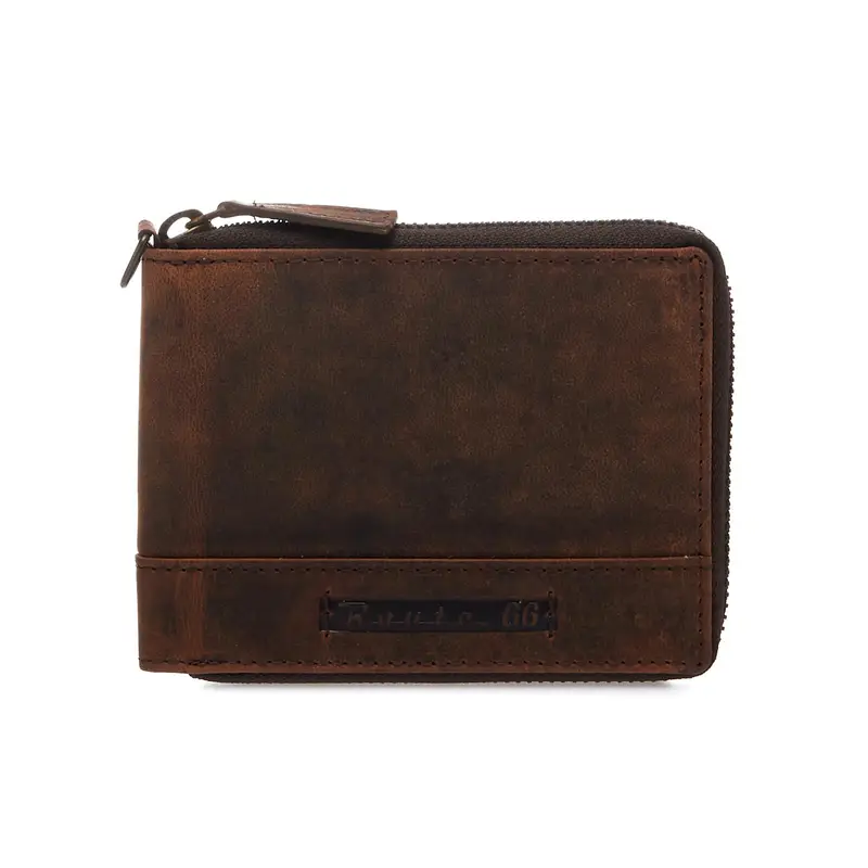 Portafoglio marrone con zip e cuciture